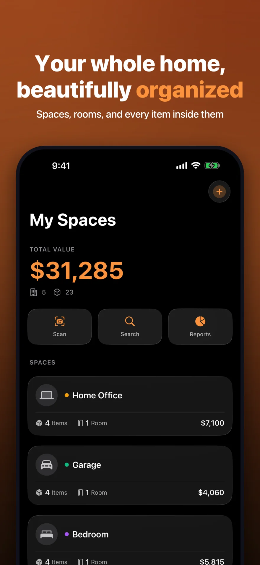 MyInventoryRUs home screen showing total value and organized Spaces