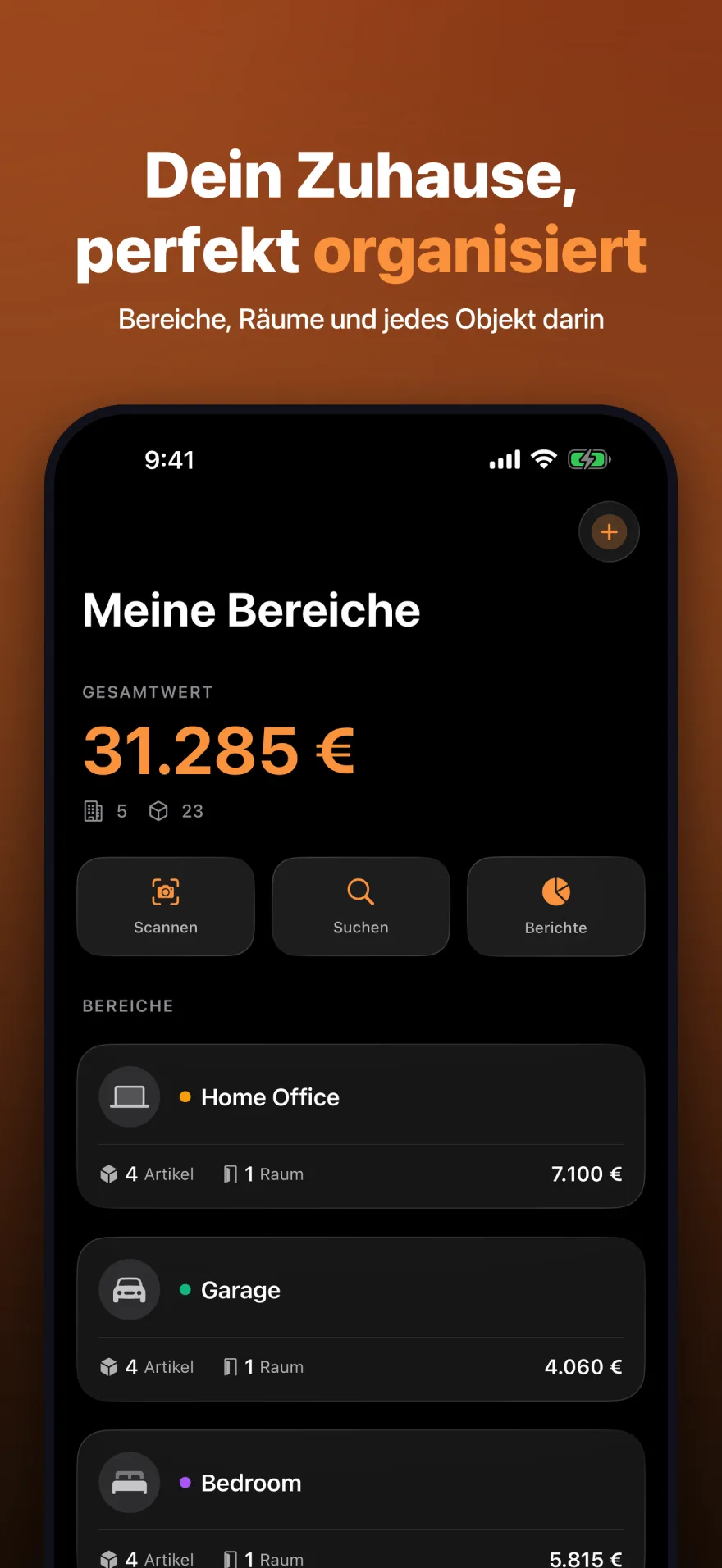MyInventoryRUs-Startbildschirm mit Gesamtwert und organisierten Bereichen