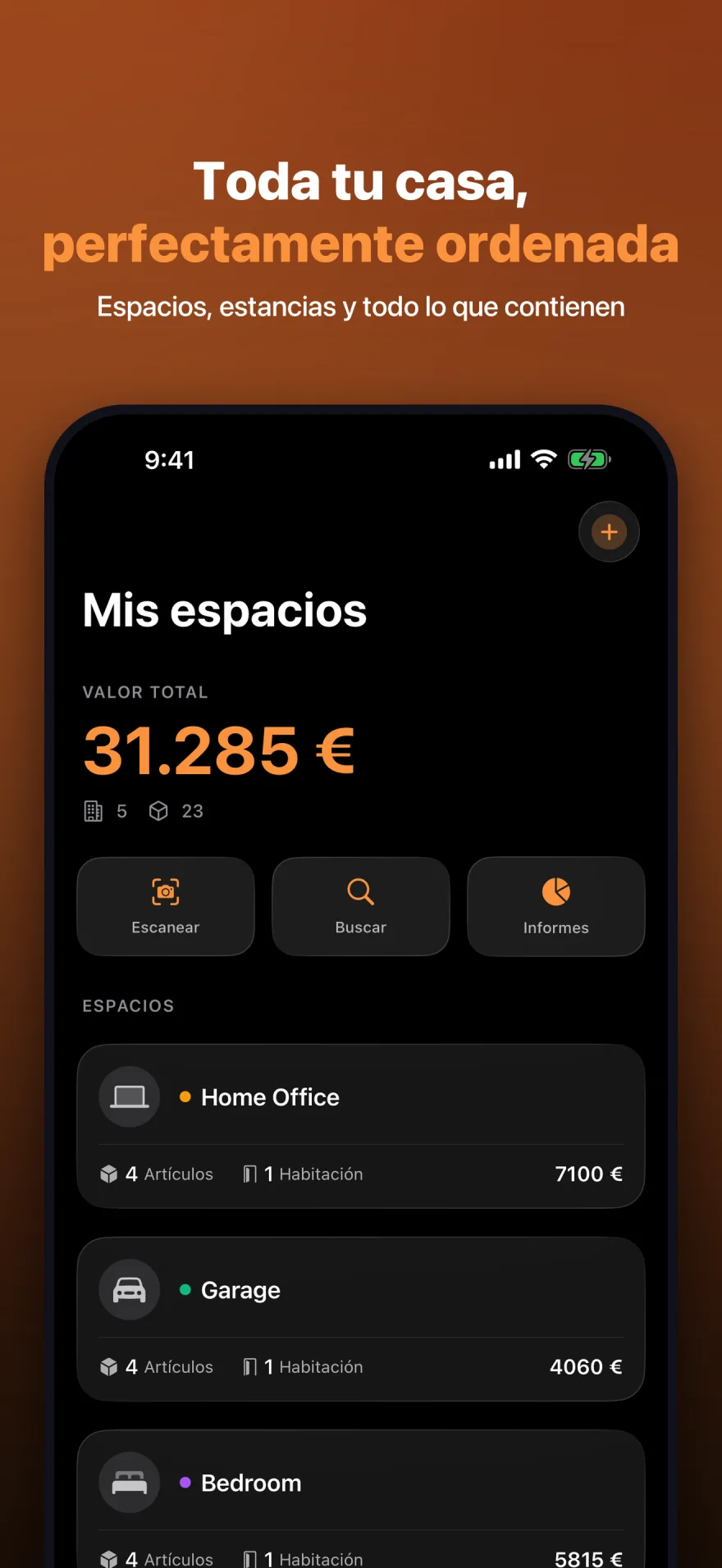Pantalla de inicio de MyInventoryRUs con el valor total y los Espacios organizados
