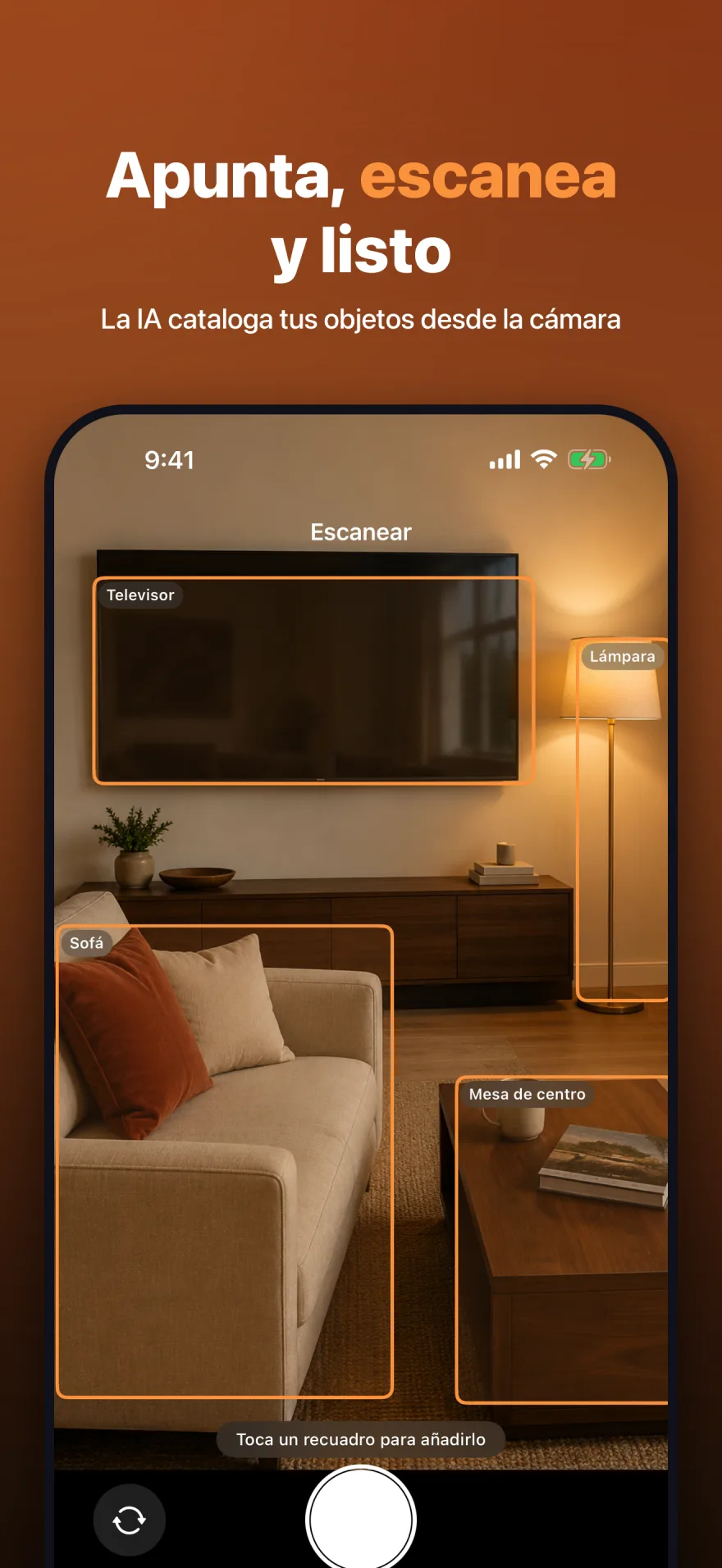 MyInventoryRUs identifica un televisor, una lámpara, un sofá y una mesa de centro mediante la cámara