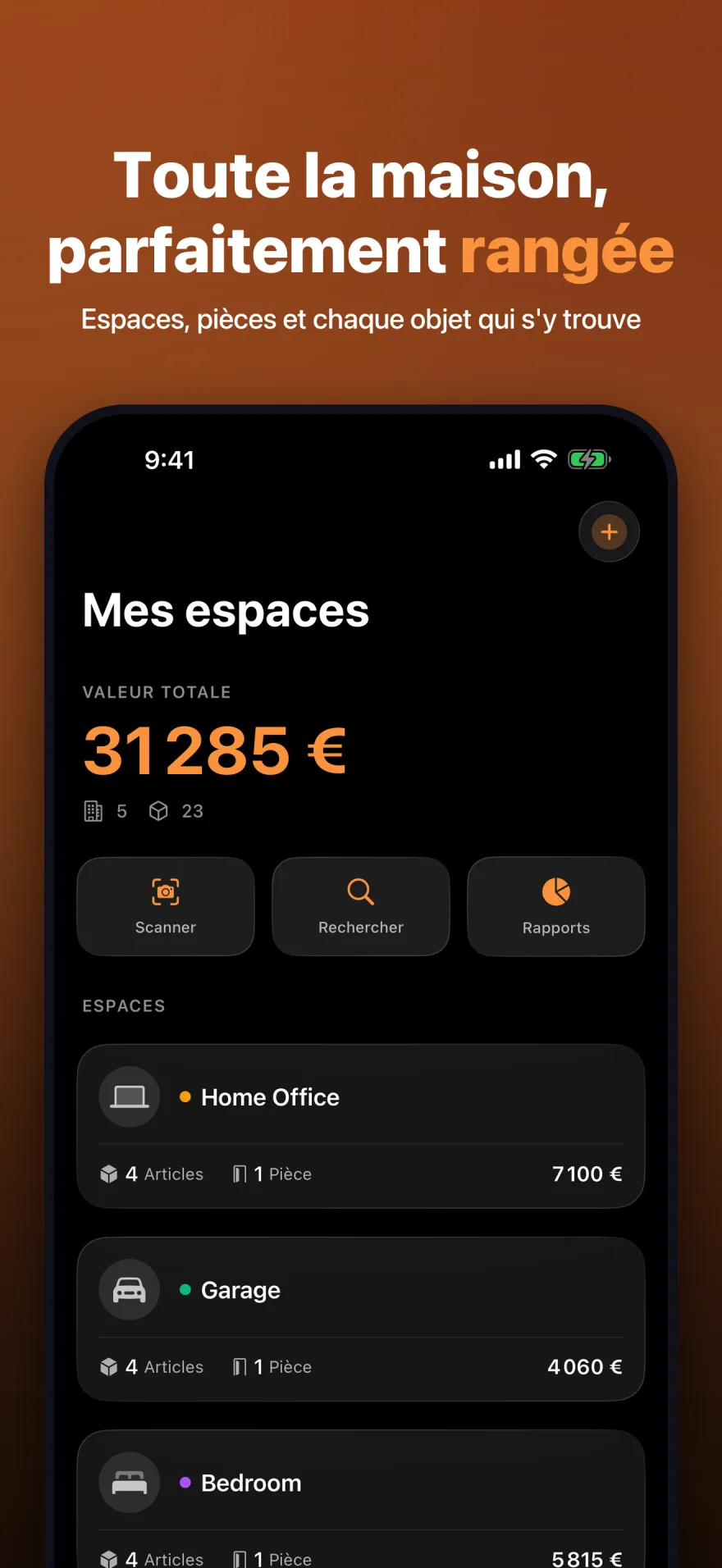 Écran d’accueil de MyInventoryRUs affichant la valeur totale et des Espaces organisés