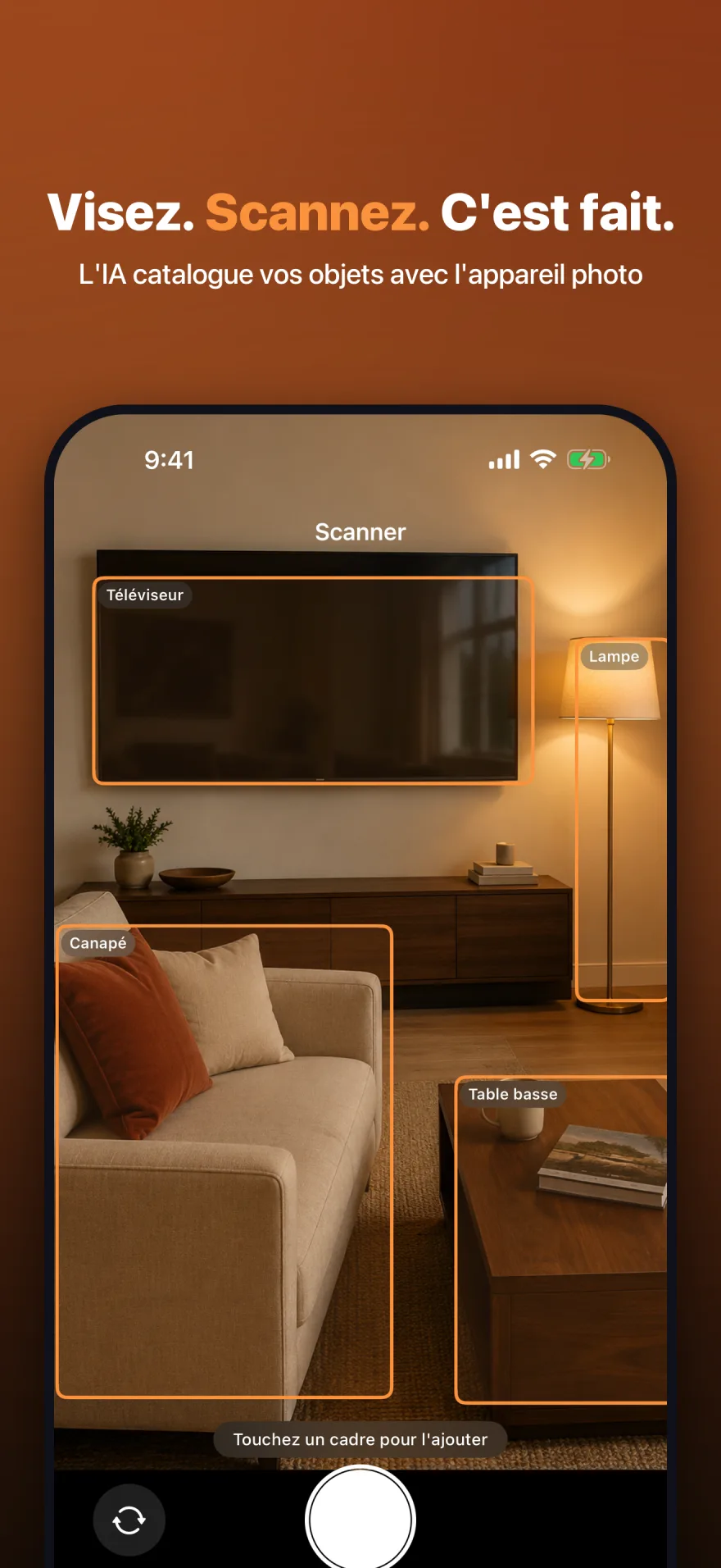 Numérisation en direct par l’appareil photo de MyInventoryRUs détectant plusieurs objets domestiques