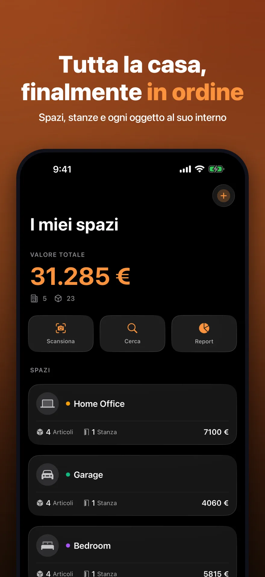 Schermata Home di MyInventoryRUs con il valore totale e gli spazi organizzati
