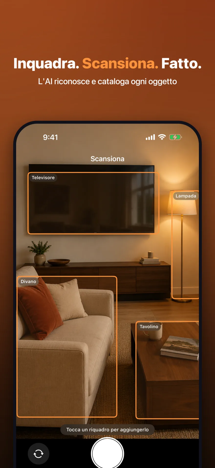 MyInventoryRUs identifica tramite la fotocamera un televisore, una lampada, un divano e un tavolino