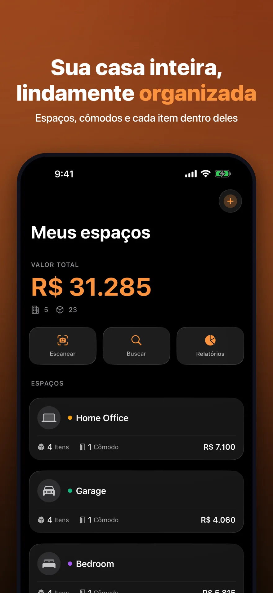 Tela inicial do MyInventoryRUs mostrando o valor total e os espaços organizados