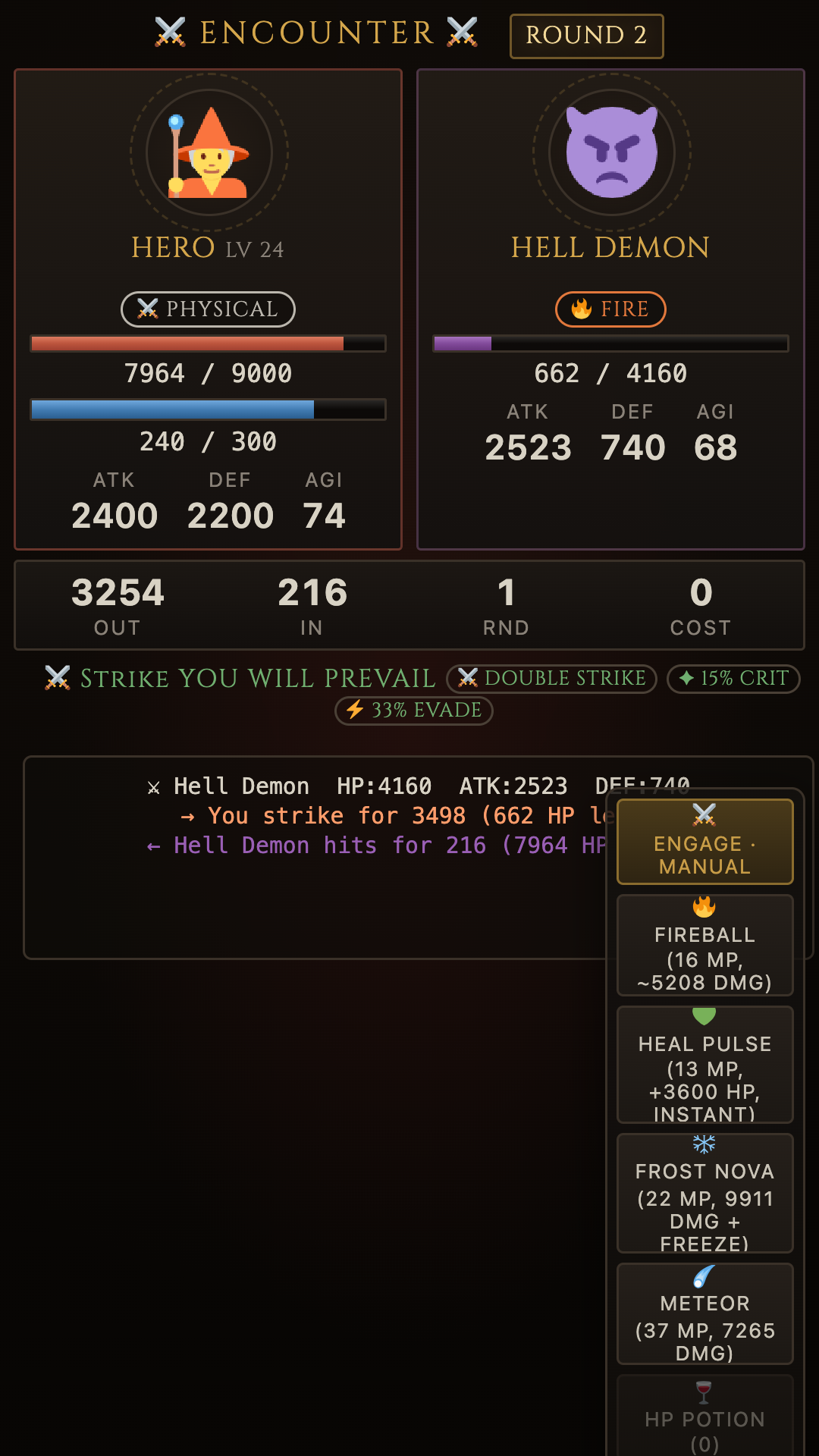 Combat preview dialog in the game: monster stats and the exact damage you will take, shown before the fight.