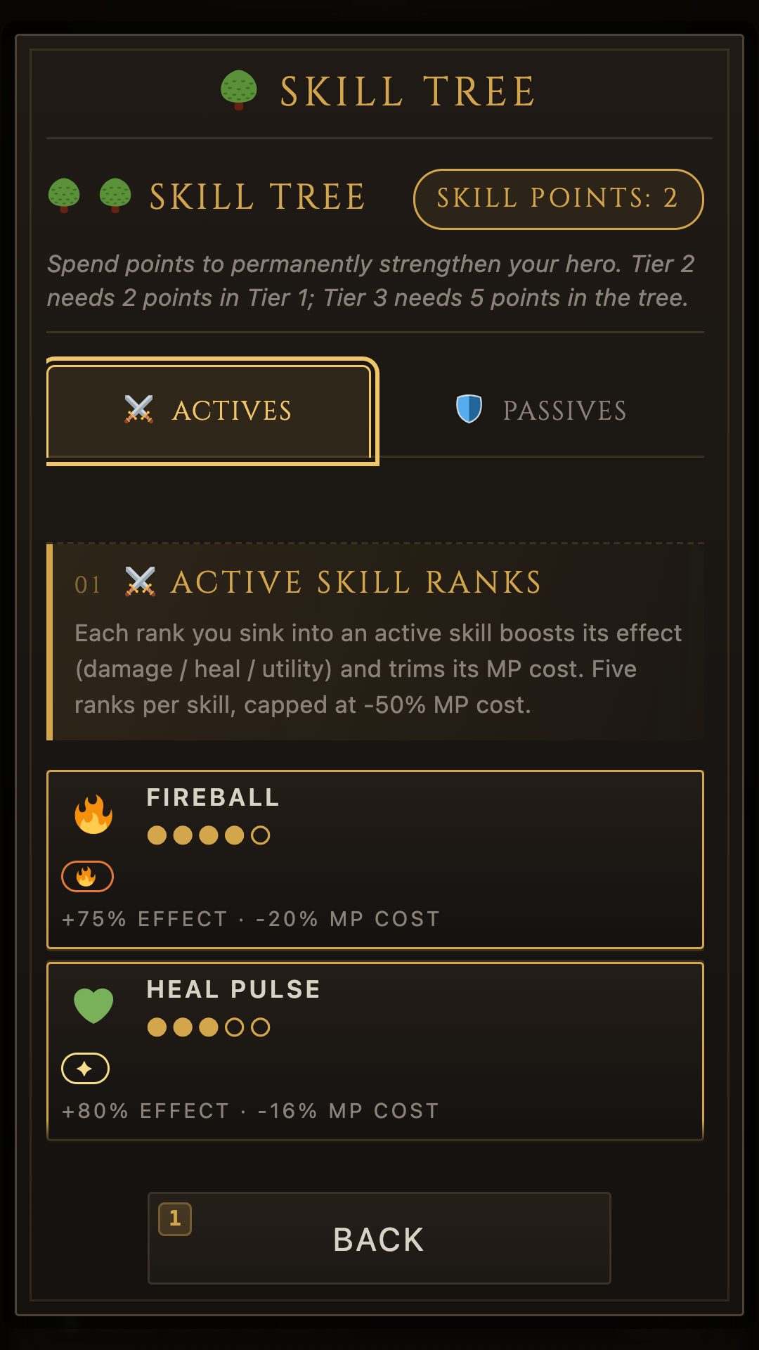 The skill tree screen: branching passive nodes for building the wizard, with gold highlights on unlocked skills.