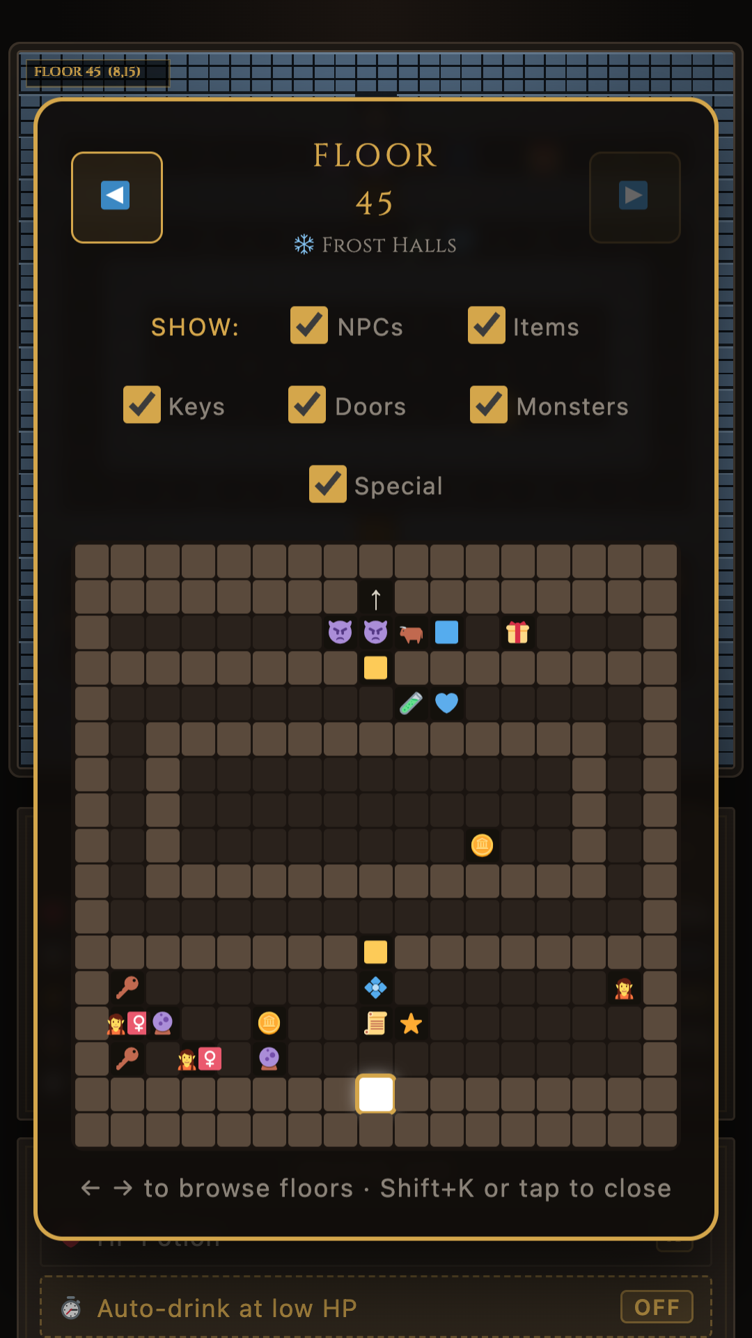 The tower map screen: explored floors and stair connections drawn in gold on a dark background.