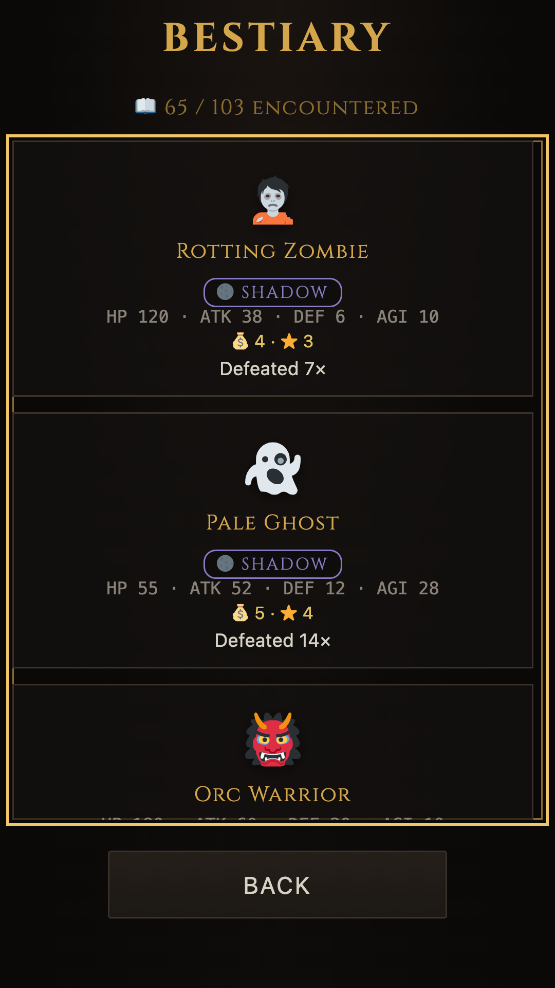The bestiary screen: a list of tower monsters with their attack, defense and hit-point stats.