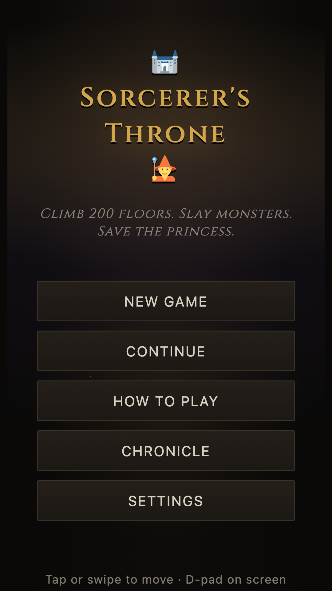 Sorcerer's Throne title screen: the game's castle crest and menu on a dark night-blue background.